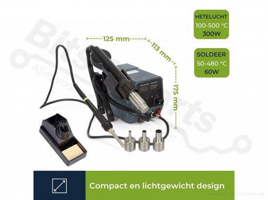 Adjustable 2-in-1 soldering station with 60W soldering iron and 300W hot ai